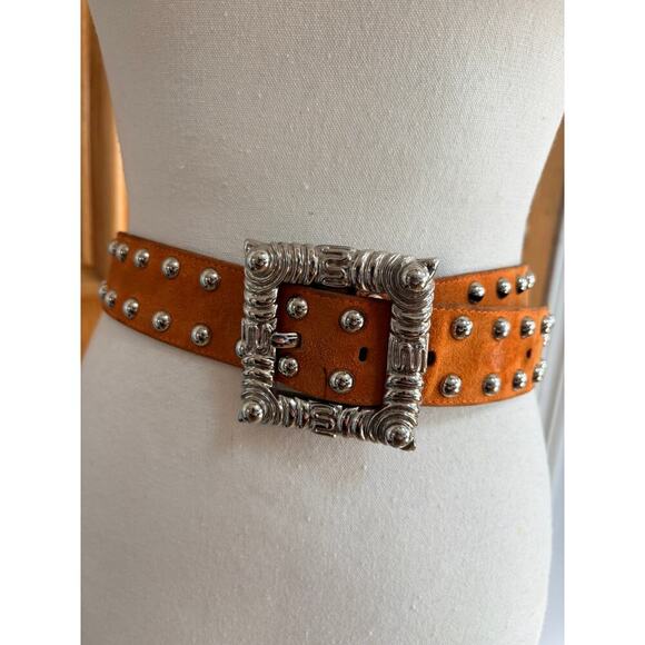 1980s Vintage Escada Studded Suede Leather Belt Sienna Orange Statement Buckle main image 10